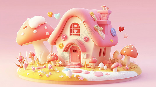 粉色屋顶粉色蘑菇立体可爱的卡通小房子插画