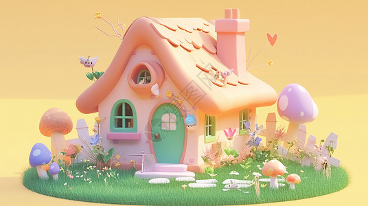 粉色屋顶有小院子可爱的立体卡通小房子插画