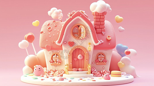 粉色屋顶粉色糖果主题可爱的卡通小房子插画