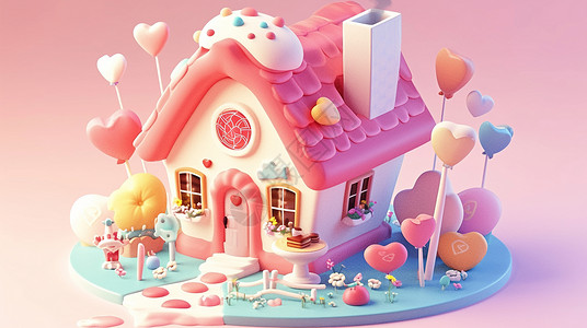 立体粉色糖果主题可爱的卡通小房子插画