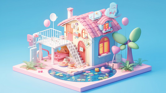 立体蓝色调可爱的卡通小房子背景图片