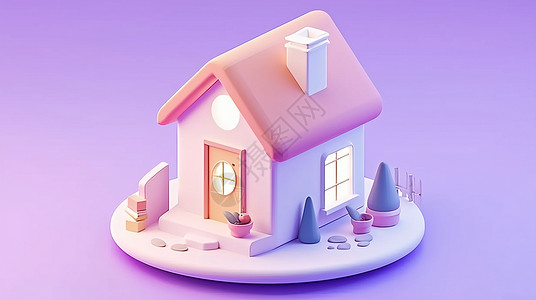 立体简约紫色调亮着灯的可爱卡通小房子背景图片