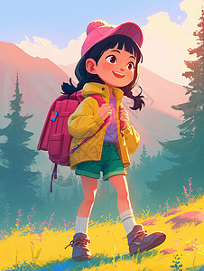 穿着黄色外套背着包开心徒步的卡通小女孩背景图片