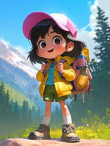 穿着黄色外套开心徒步的卡通小女孩背景图片