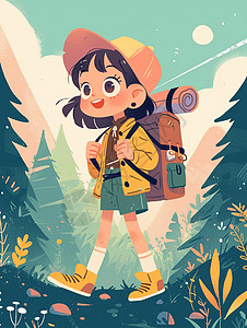 背包小女孩背着包开心徒步的卡通小女孩插画