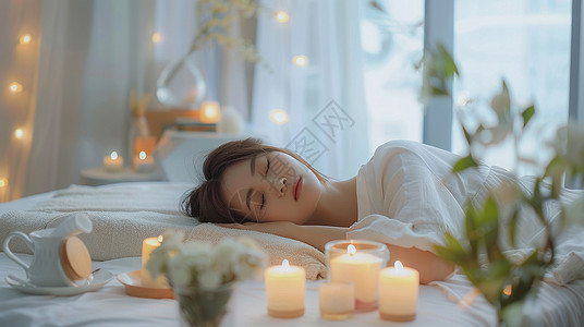 香薰烛在床上安静休息的女人插画