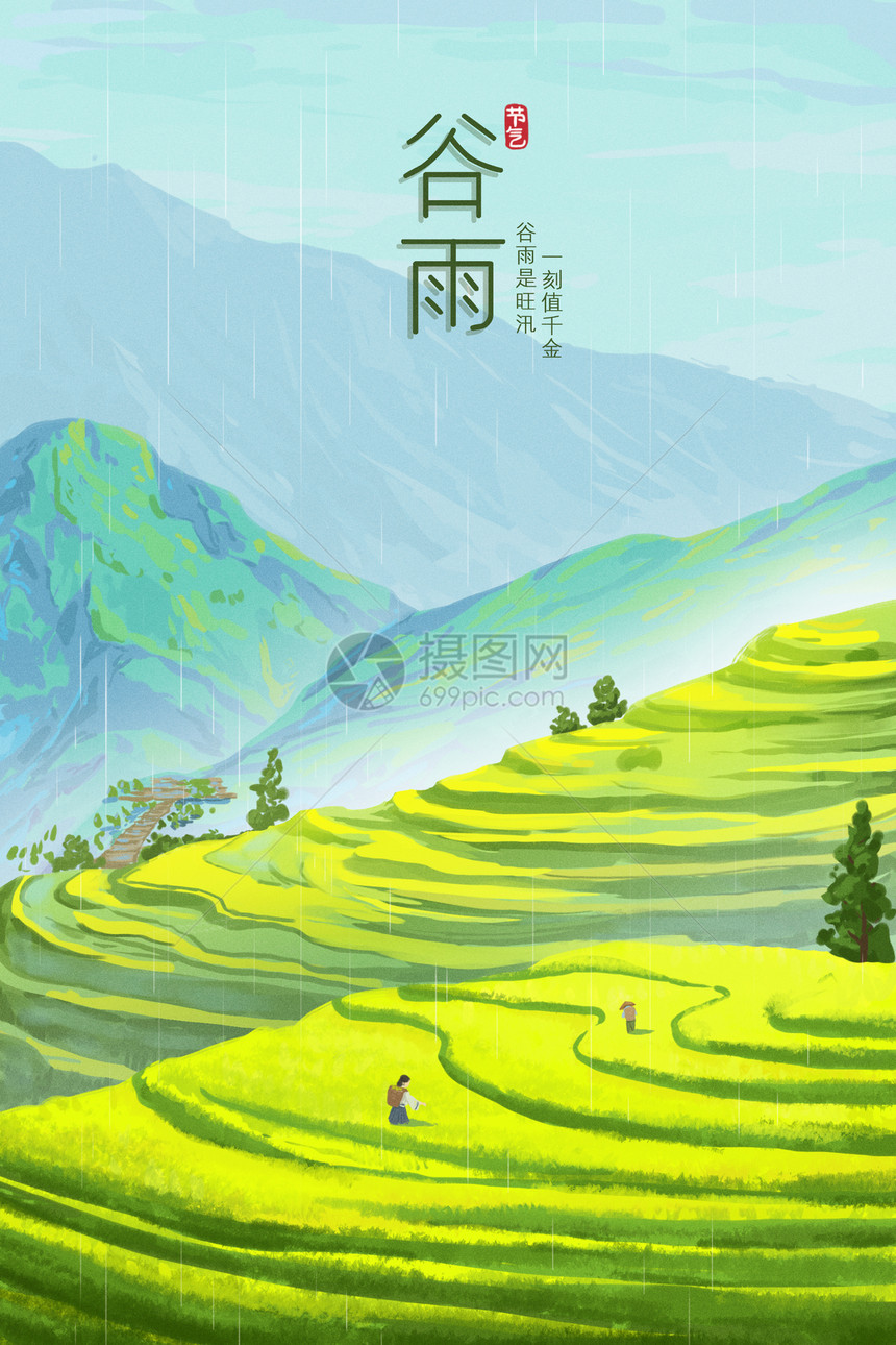 谷雨节气在田地里务农的农民二十四节气海报插画图片