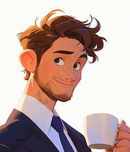 白色背景端着咖啡杯优雅喝咖啡的卡通职业男人背景图片