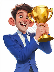 黄金职业白色背景穿着蓝色西装开心举着奖杯的卡通男人插画