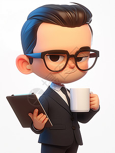 单手拿咖啡戴着黑框眼镜手拿文件的卡通男人插画