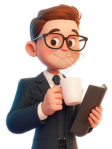 眼镜3d素材戴着眼镜手拿文件和咖啡的男人插画