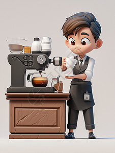 卡通咖啡机站在咖啡机旁打咖啡的男人插画