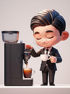 全自动咖啡机在咖啡机旁打咖啡的卡通男人插画