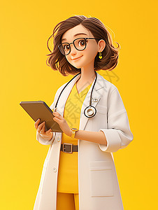黄色背景穿着白大褂的卡通医生背景图片