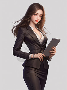 ipad设计灰色背景穿着黑色西装手拿着ipad职业卡通女人插画