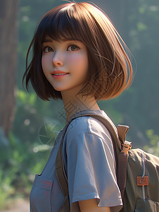 背着旅行包徒步旅行的短发女孩背景图片