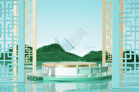 绿色水面绿色国风展台设计图片
