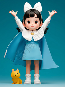身边的身边带着宠物穿着蓝色斗篷双手举起的可爱卡通小女孩插画