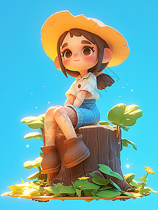 在树墩上休息戴着帽子的女孩背景图片