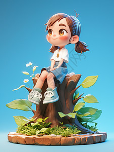 蓝色背景微笑坐在树墩上的可爱卡通小女孩背景图片