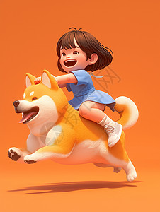 骑着大黄狗开心奔跑的小女孩插画