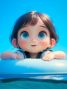 蓝天下在蓝色游泳圈里可爱的女孩背景图片