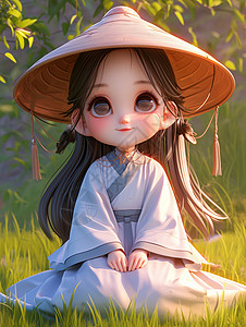 戴着草帽坐在草地上的卡通女孩背景图片