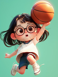 篮球立体素材戴着黑框眼镜打篮球立体女孩插画