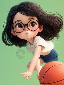 黑球黑框眼镜打篮球立体小女孩插画