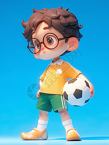 拿足球小男孩蓝色背景抱着足球穿着黄色T恤的立体卡通小男孩插画