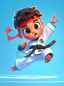 练跆拳道的男孩蓝色背景头上戴着红头巾练跆拳道的小男孩插画