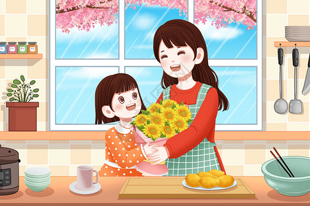 母亲节插画厨房里温馨的母女背景图片