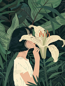 百合花在一边在花丛中的卡通女孩插画