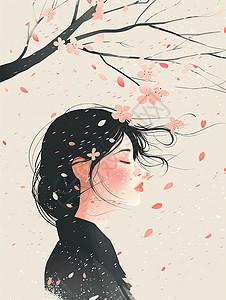在飘着花瓣的树下一个小清新卡通女孩背景图片