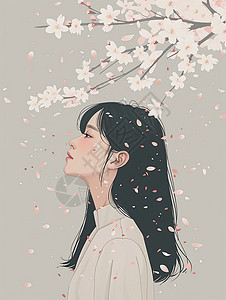 在飘着花瓣的树下一个卡通女孩在欣赏花朵背景图片