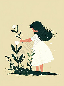 淡紫色儿童连衣裙站在花朵旁的白色连衣裙的长发女孩插画