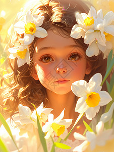 烫卷发卷发卡通小女孩在白色花丛中梦幻漂亮插画