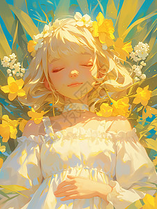 油菜花中的女孩暖色调在黄色花丛中梦幻漂亮的小清新卡通女孩插画