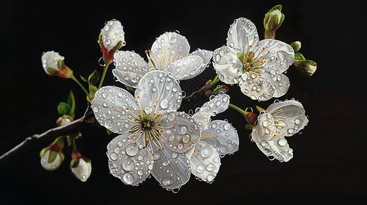 黑色背景的满是雨滴盛开的梨花高清图片