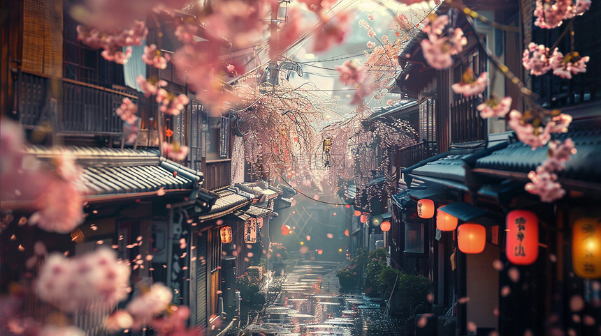 春天开满粉色花朵梦幻的古街图片