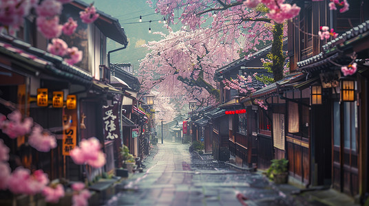 开满粉色花朵梦幻的美丽古街背景图片