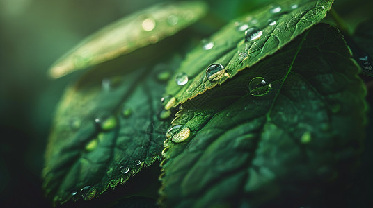 绿色的叶子上几滴雨珠背景图片