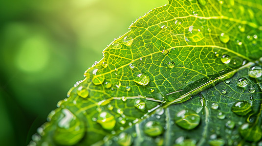 绿色大大的叶子上几滴雨珠背景图片