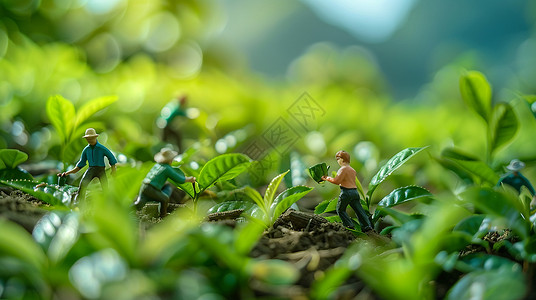 一群农民春天嫩绿色茶园中一群忙碌的微缩场景插画