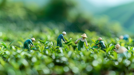 干活的农民春天嫩绿色茶园中的微缩场景插画