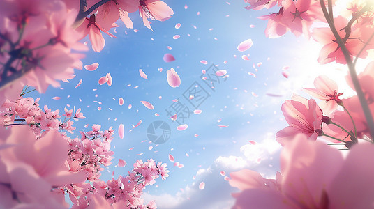 运行良好光线良好的春天树上满粉色花朵花瓣漫天飞舞唯美风景插画