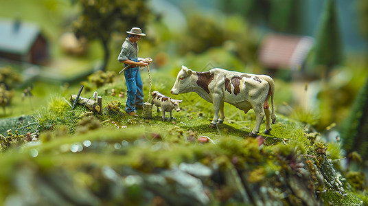 草场素材春天草地在牧场上喂奶牛的农夫卡通微缩场景插画