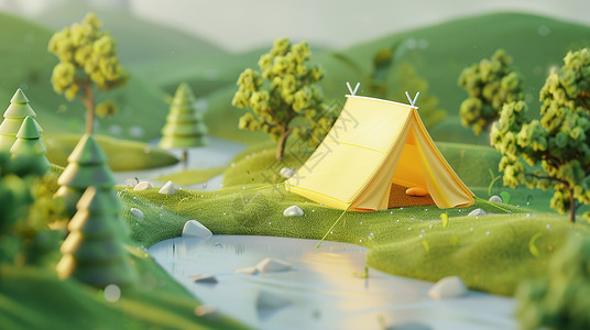 小河边的一座黄色卡通小帐篷背景图片