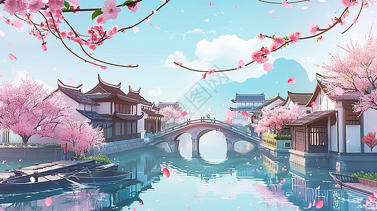 江南桥美丽花朵的水乡古风卡通小镇插画