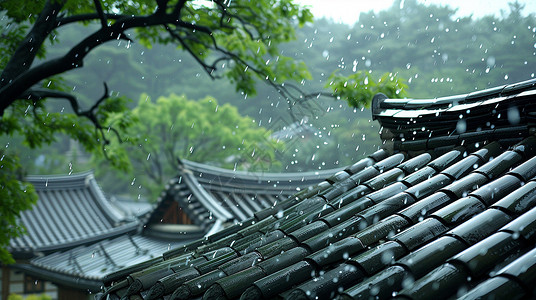 下雨屋顶清明节大雨中古风卡通建筑插画